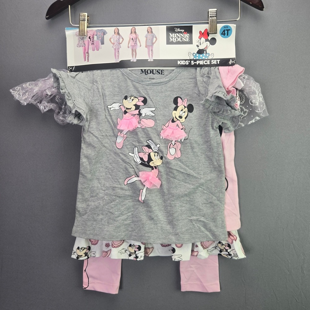 Disney Minnie Mouse 5-Pc Set Top Leggings Tutu Skirt 4T Pink Grey Ballerina NEW